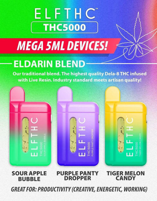 ELFTHC Eldarin Blend D8+Live Resin 380mah Rechargeable Disposable Vape 5000MG THC 5Gram