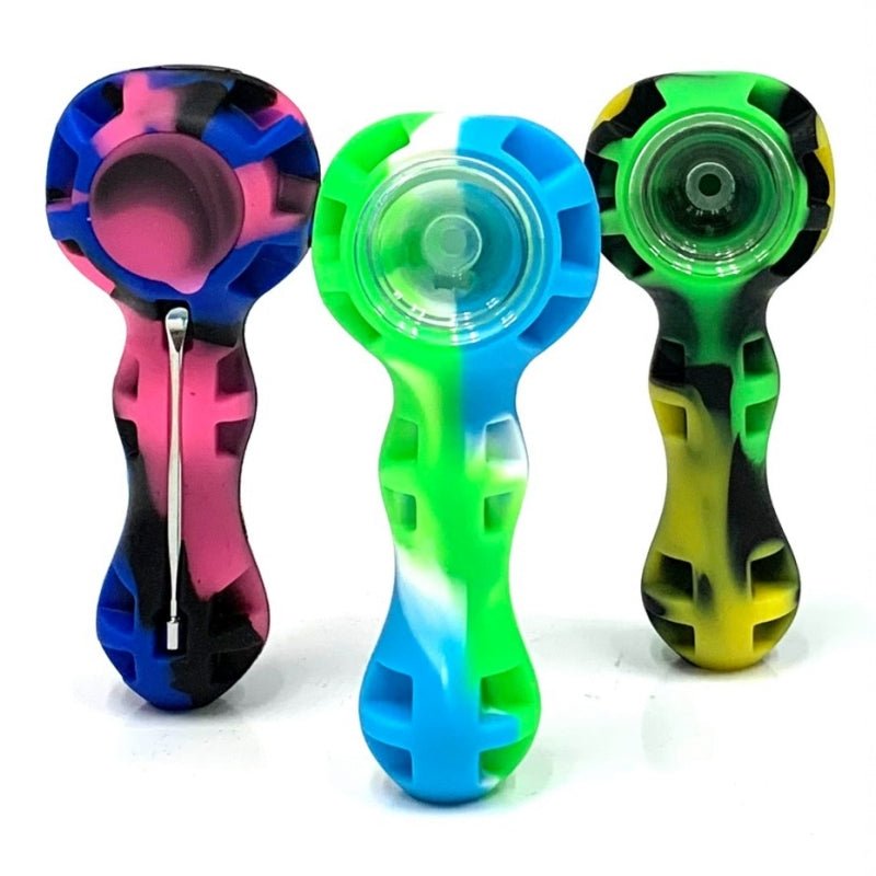4.5" Silicone Asstd Mixed Color Hand Pipe - with Metal Poker - Earths Bounty E-Juice